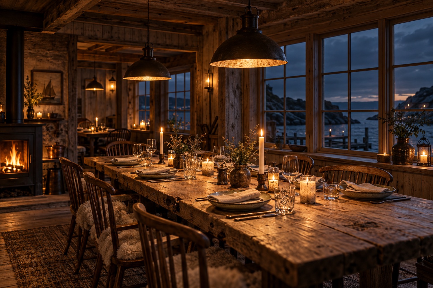 Matsalen en kväll med långbord, levande ljus och fönster mot det mörka havet