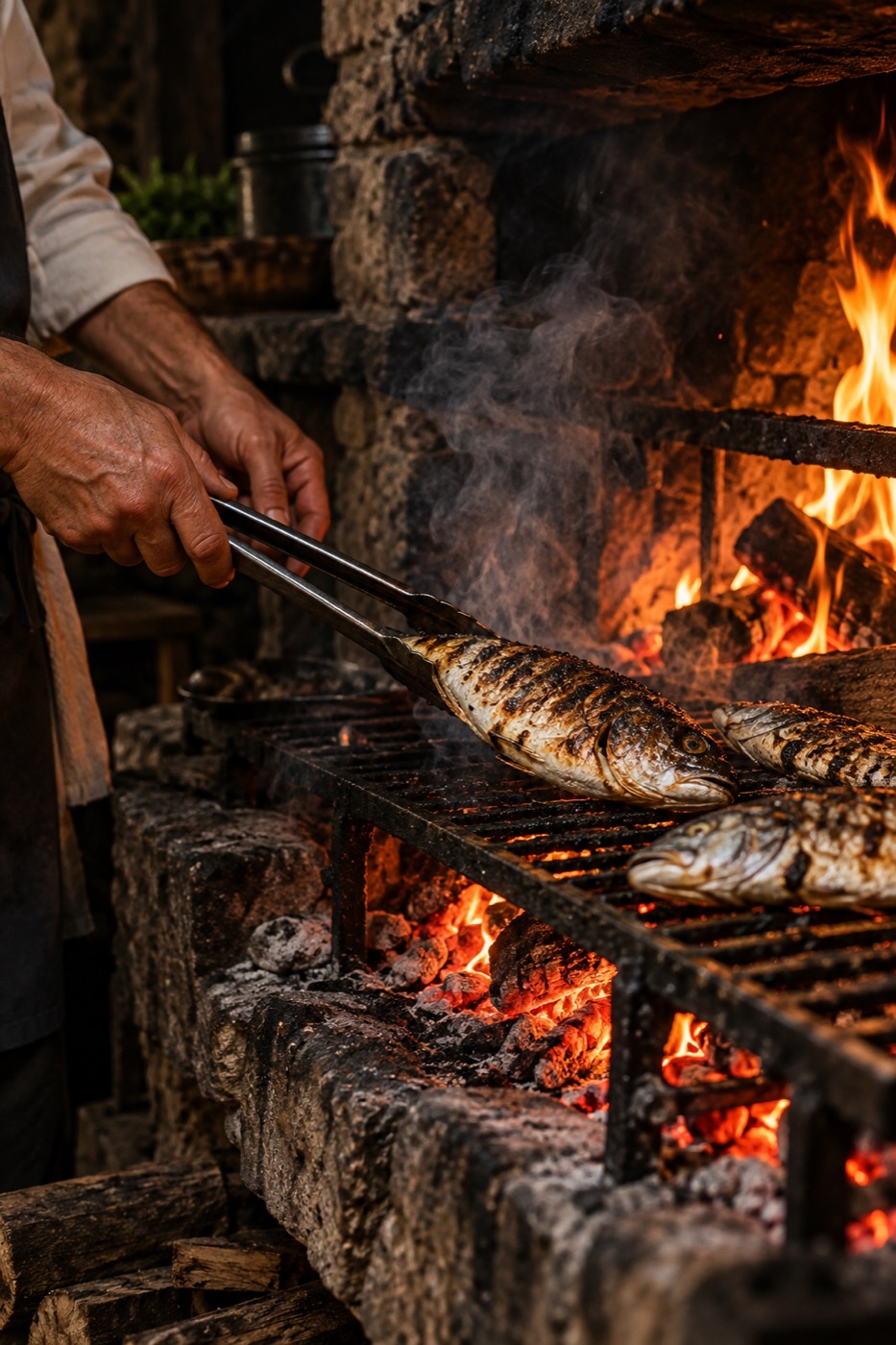 Fisk som grillas över öppen eld i en stenhärd