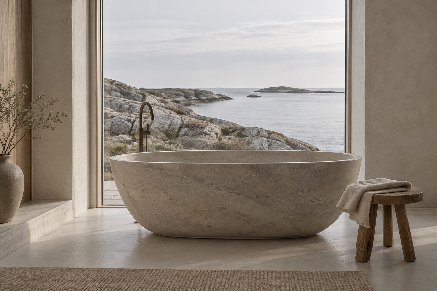 Sviten Fyr med fristående badkar i sten framför ett högt fönster mot havet