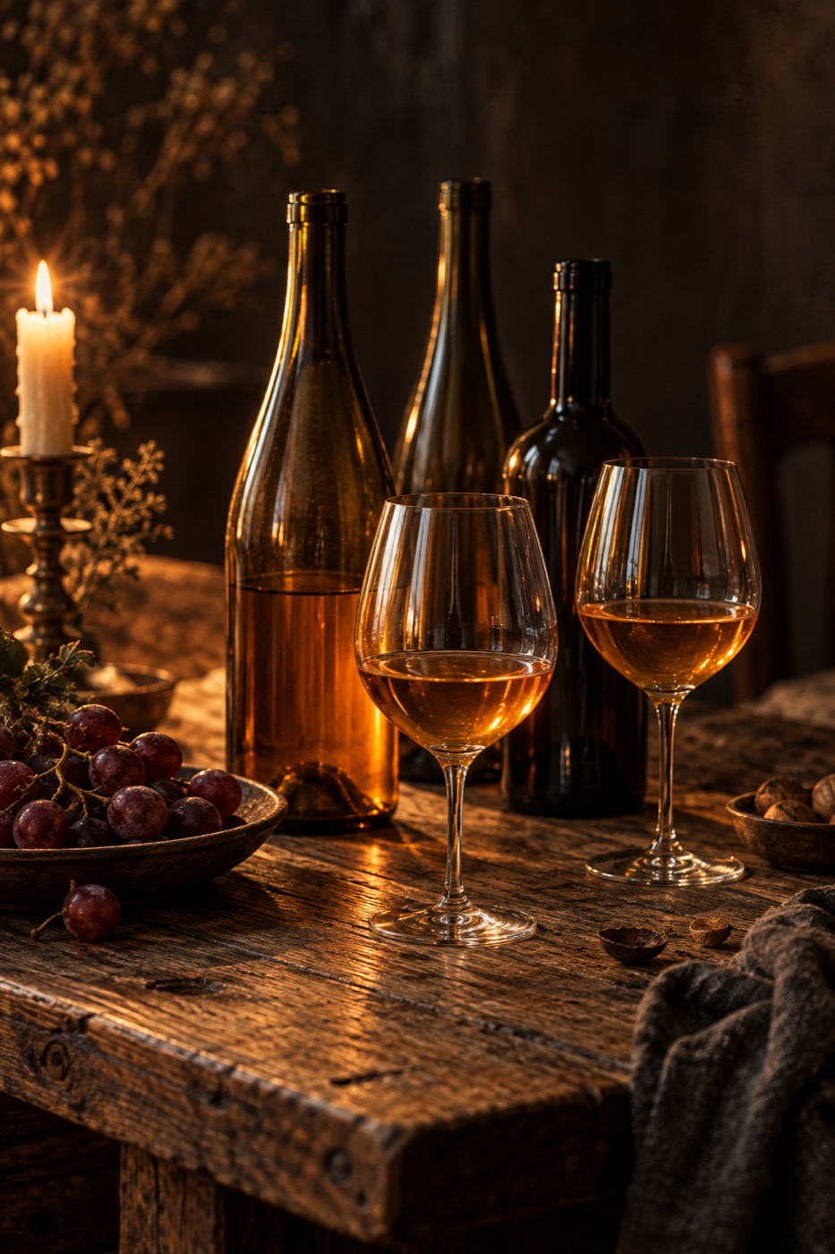 Vinflaskor utan etikett och två glas bärnstensfärgat vin i levande ljus