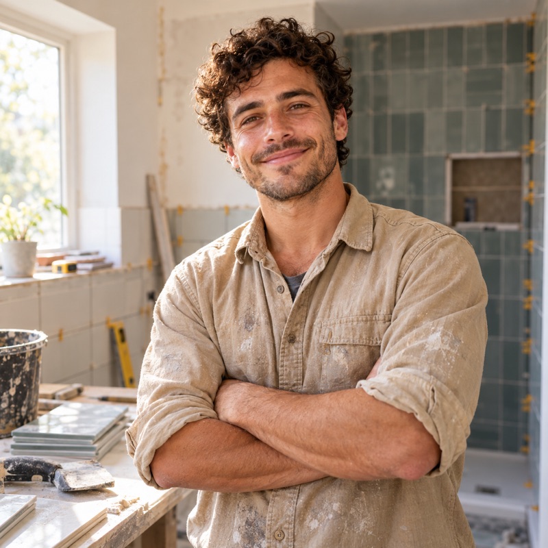 Porträtt av Jonas Ferreira i ett badrum under renovering