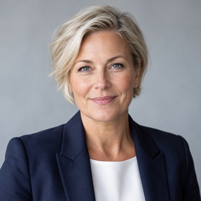 Porträtt av Annika Fyrvall, kort ljust hår och marinblå kavaj
