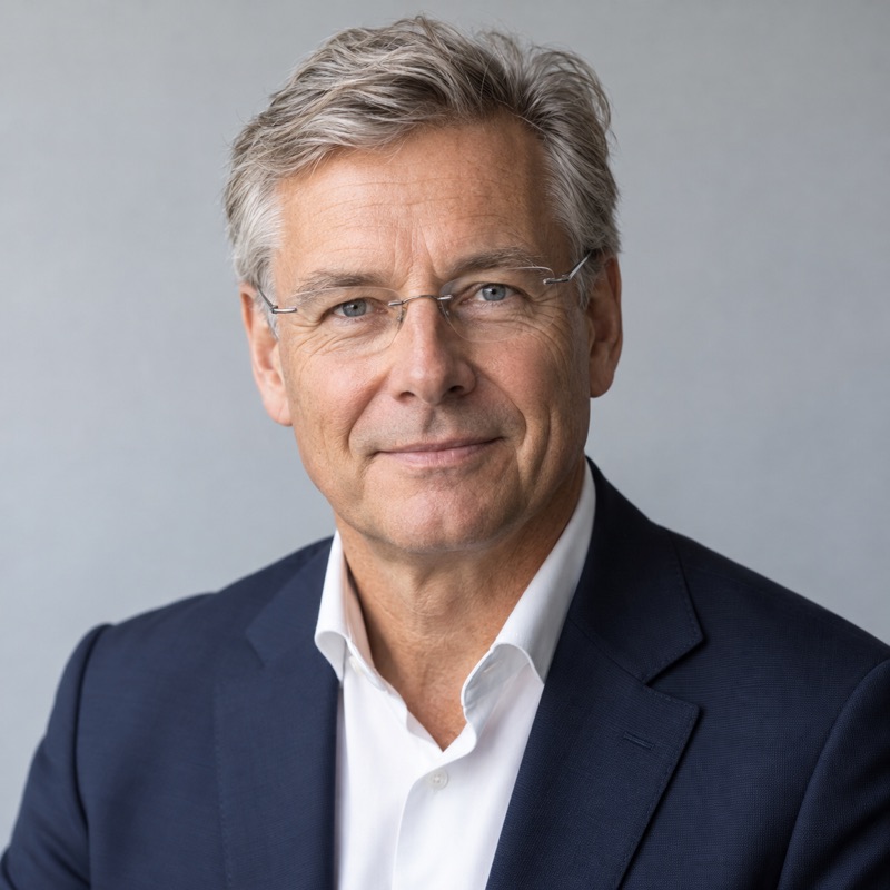 Porträtt av Henrik Sandell, grått hår, glasögon och marinblå kavaj